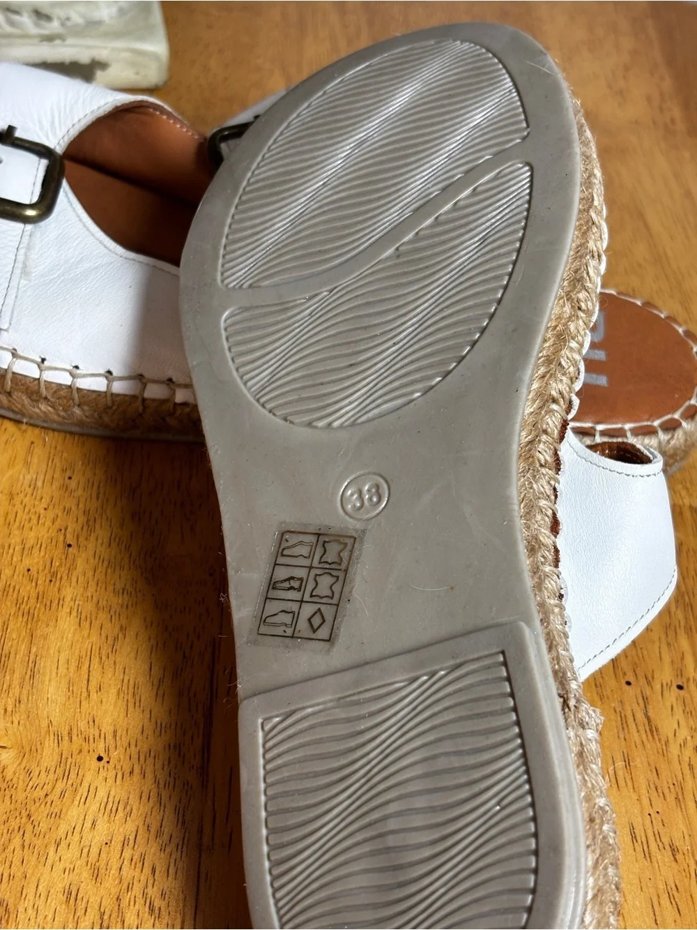 Bueno White Leather Double Buckle Espadrille Slide Sandals